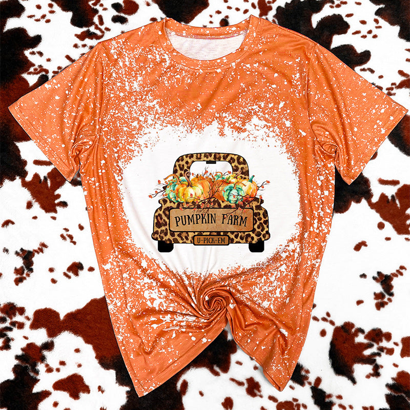 Camiseta de manga corta con estampado naranja de Halloween para mujer