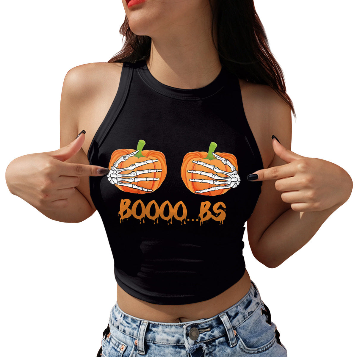 Halloween Pumpkin Skull Print Crop Top for Women
