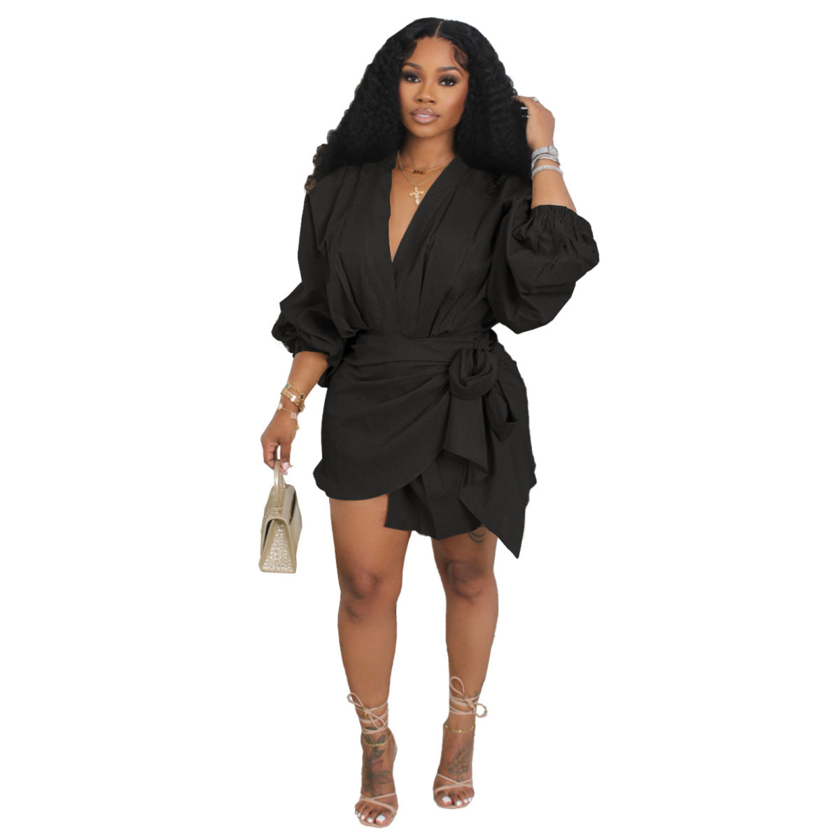 Robe mi-longue en lin à col en V et manches bouffantes pour femme