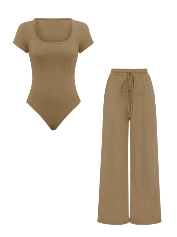 Women’s Solid Color Rib-Knit Bodysuit Pants Set