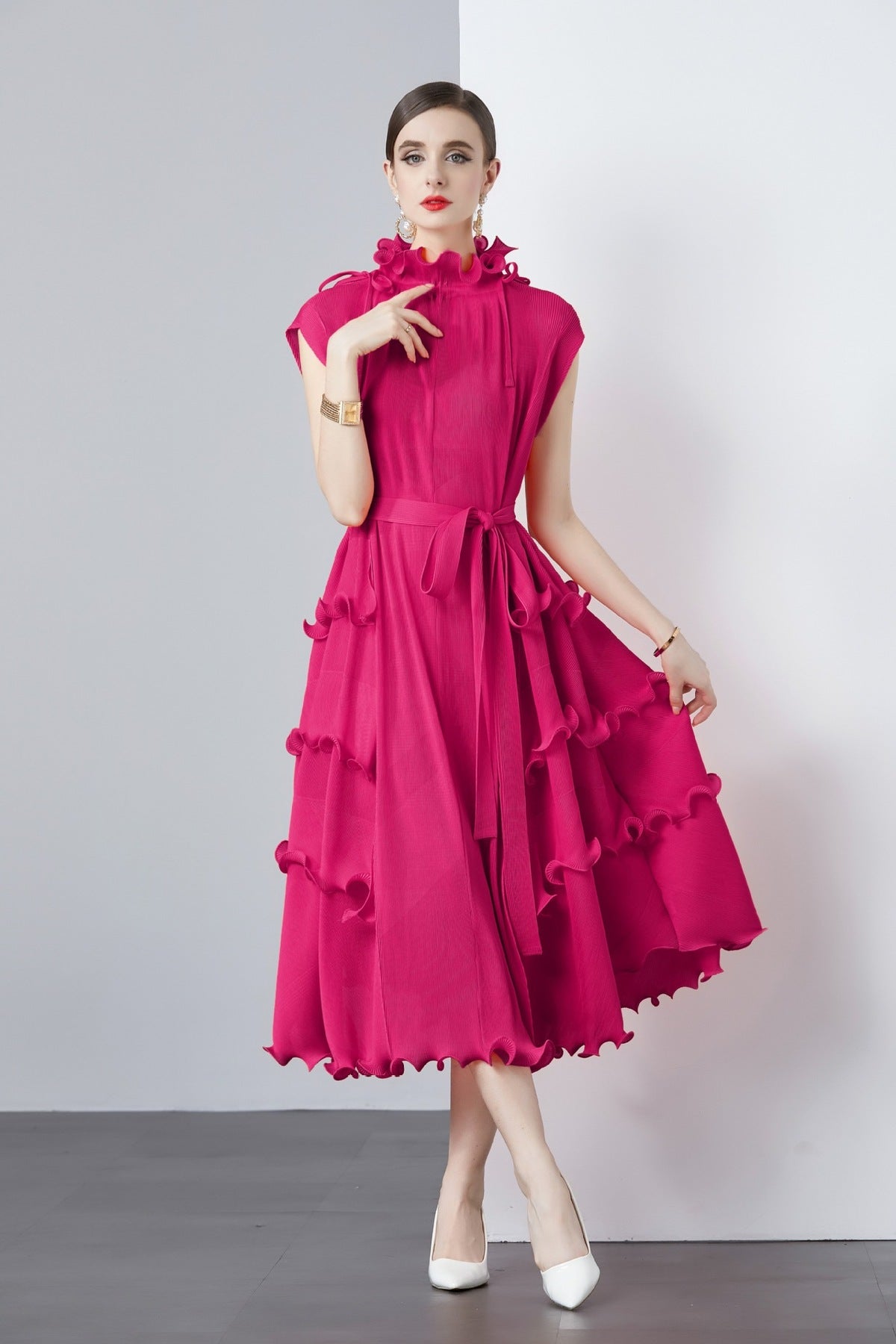 Women Solid Color Pleated Chiffon Dress