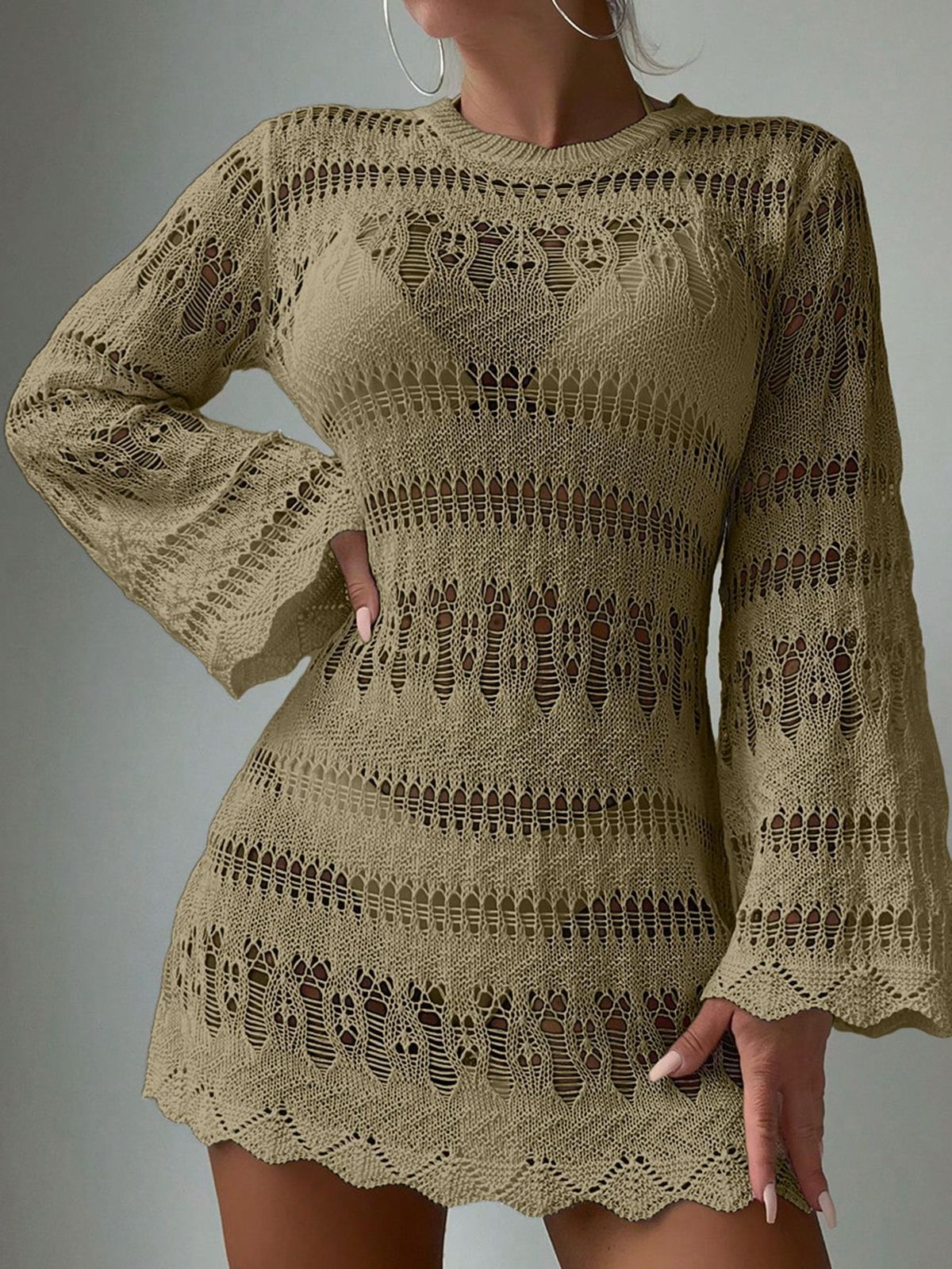 Vestido playero de punto calado de color liso a la moda para mujer