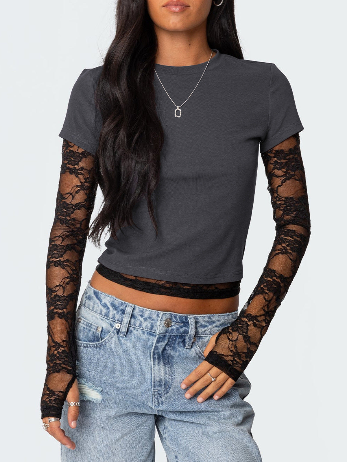 Women Y2k Lace Stitching Long Sleeve T-Shirt