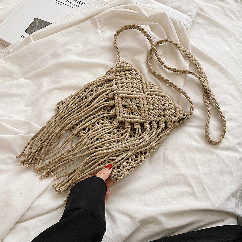 Bolso tejido con borlas estilo bohemio informal para mujer