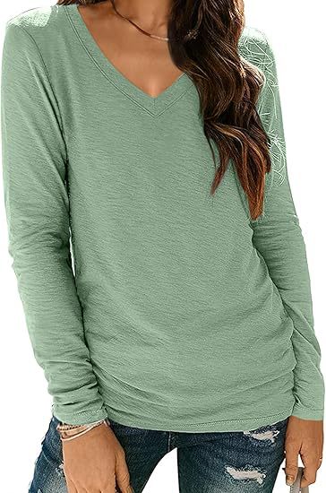 Women Fashion Casual Solid Color V-Neck Long Sleeve Blank T-Shirt