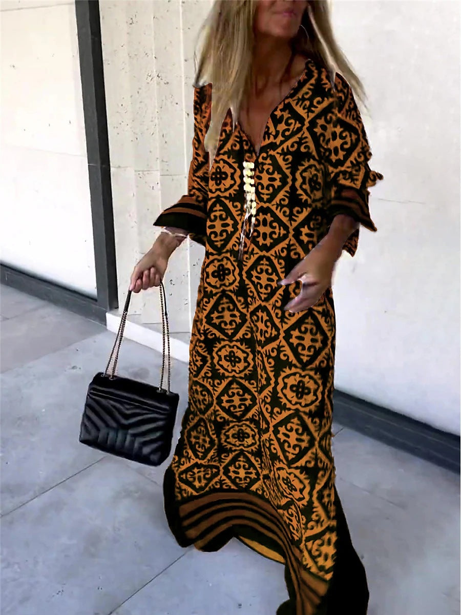 Women Casual Boho Style Geometry Stripe Print Long Sleeve V Neck Maxi Dress