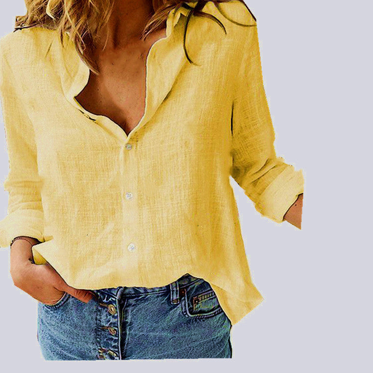 Women Casual Basic Solid Color Loose Long Sleeve Linen Shirt