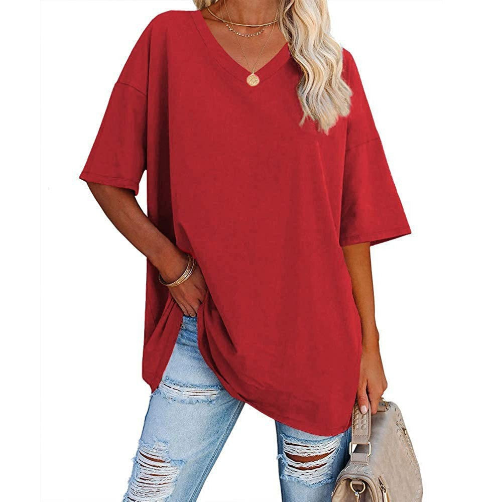 Camiseta informal holgada de manga corta con cuello en V para mujer, color liso