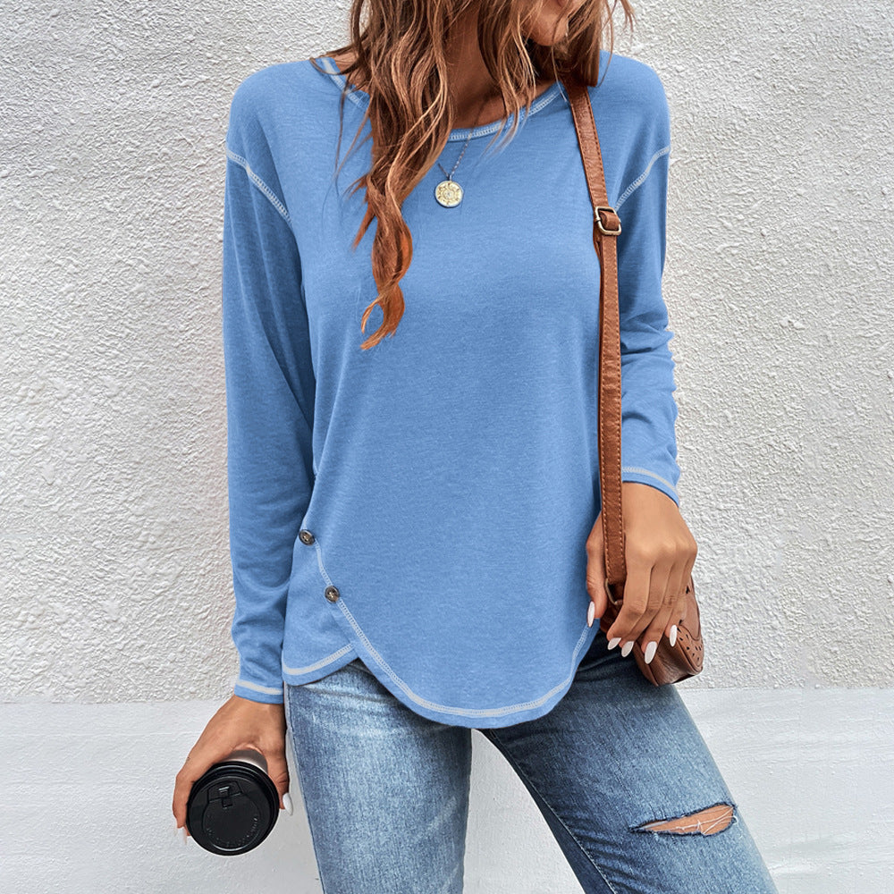 Women Simple Solid Color Button Irregular Round Neck Long Sleeve Blank T-Shirt