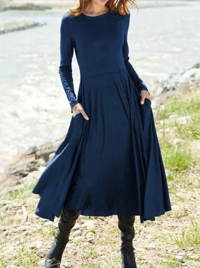 Women Casual Solid Color Round Neck Long Sleeve Dress