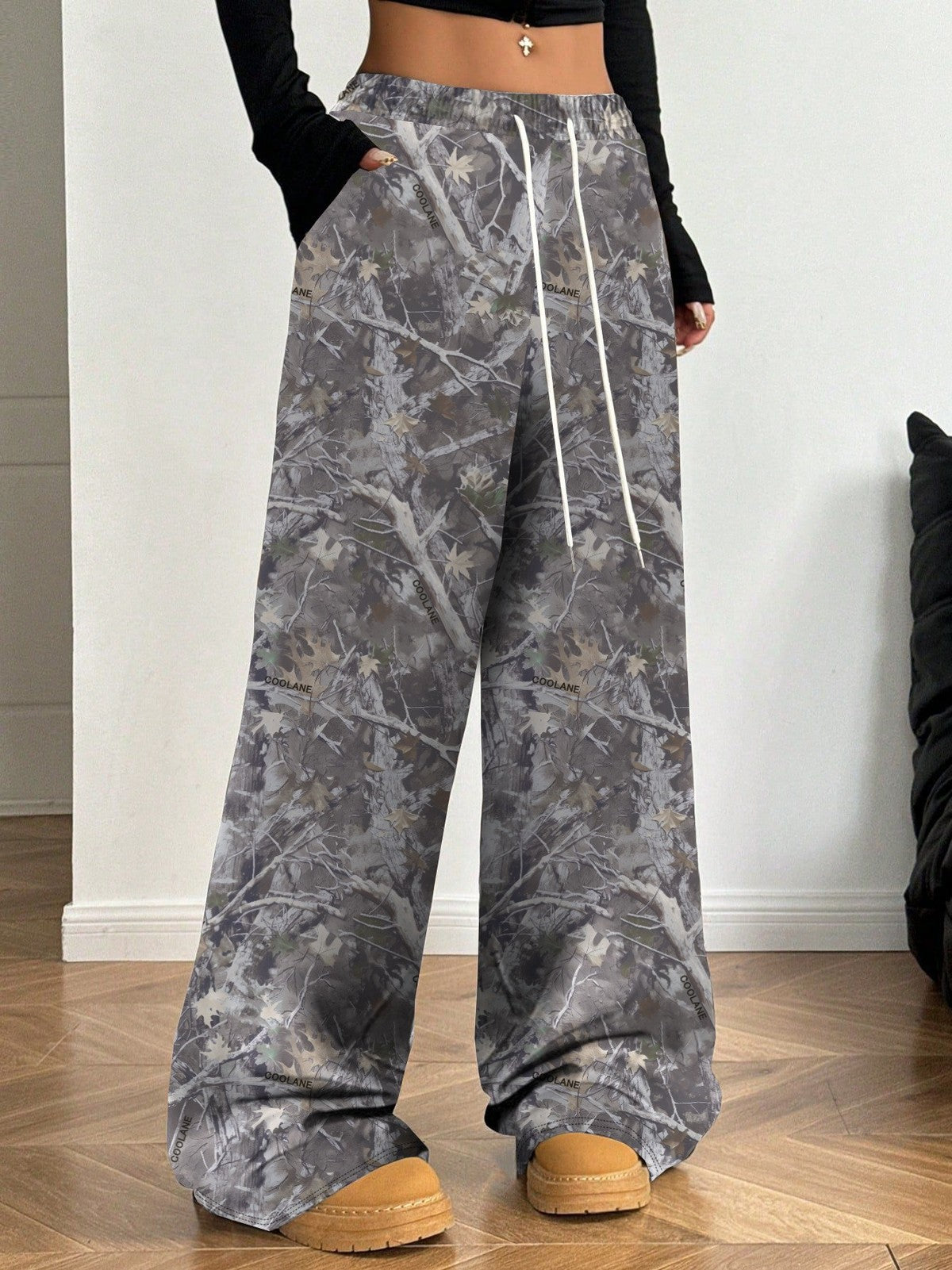 Pantalon large décontracté en coton et élasthanne pour femme, motif camouflage