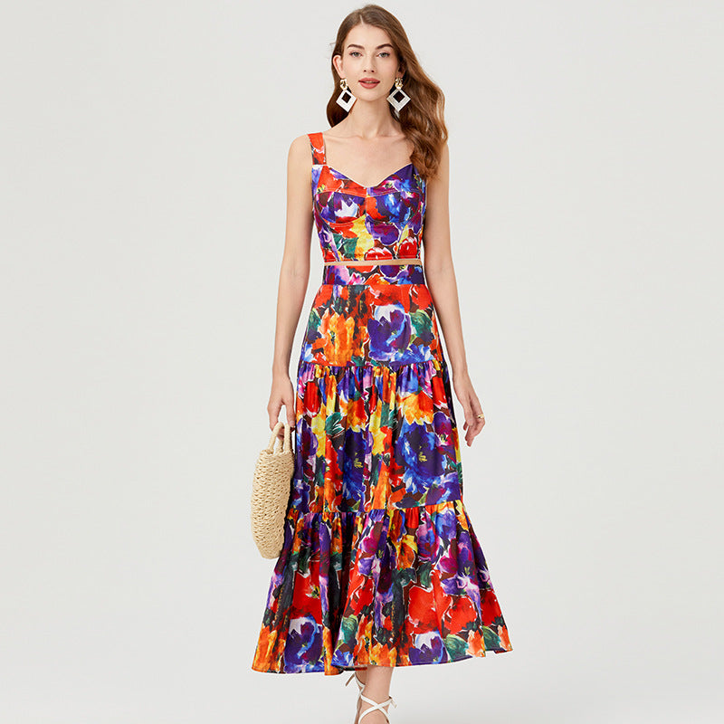 Women Summer Vacation Floral Print Crop Tank Top Long Skirt Set