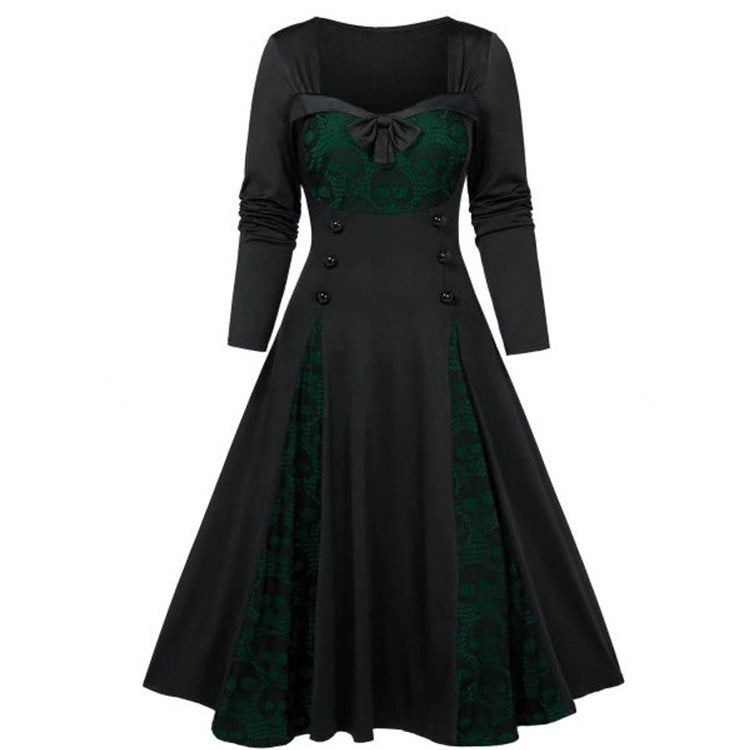 Women Gothic Skull Lace Stitching Color Contrast Dress