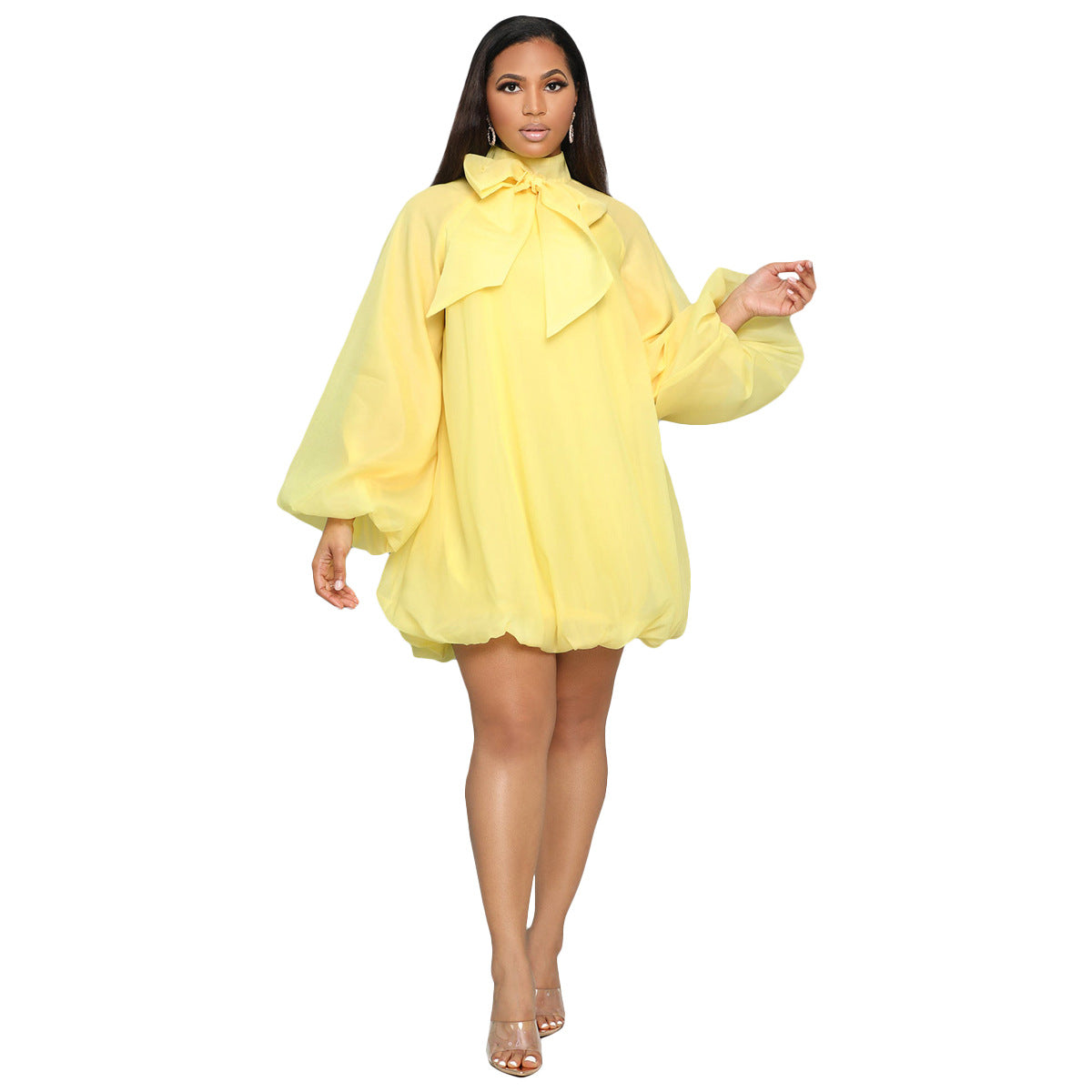 Women Fashion Solid Color Bow Puff Sleeve Chiffon Dress