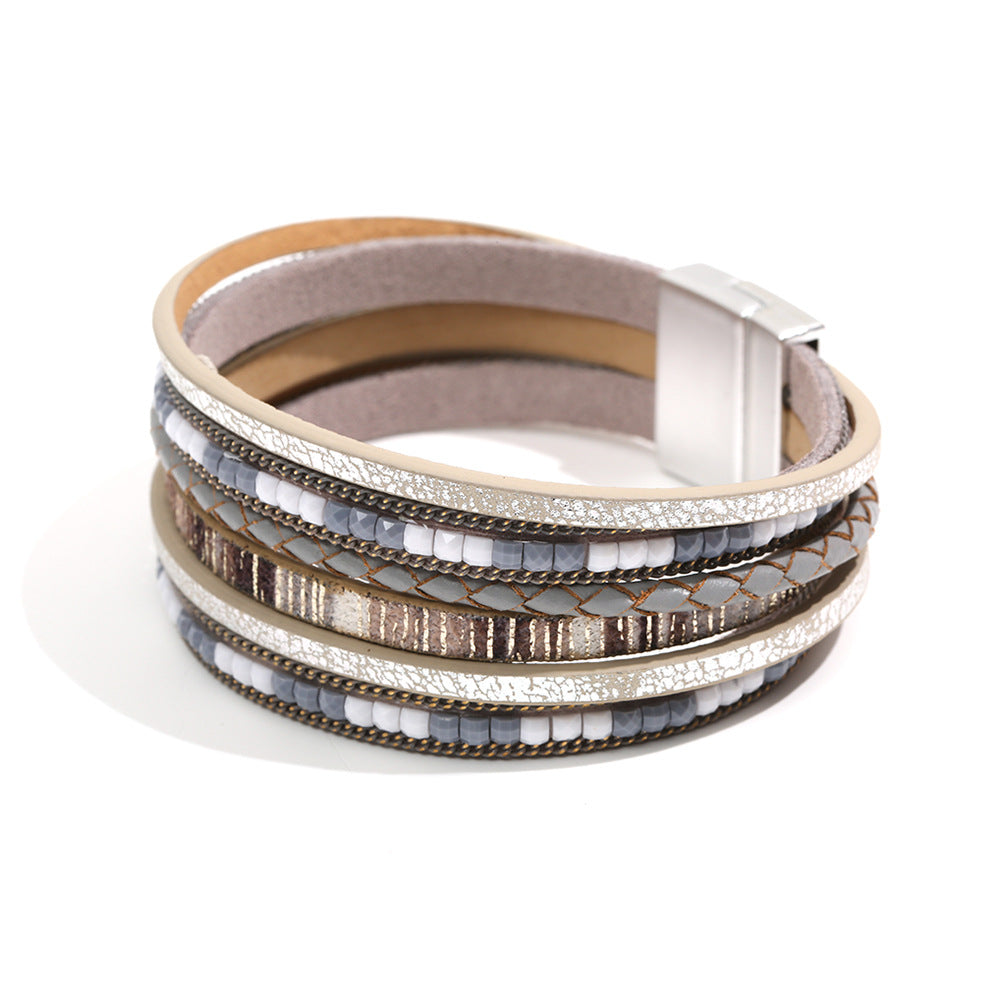 Pulsera bohemia de cuero multicapa con hebilla magnética