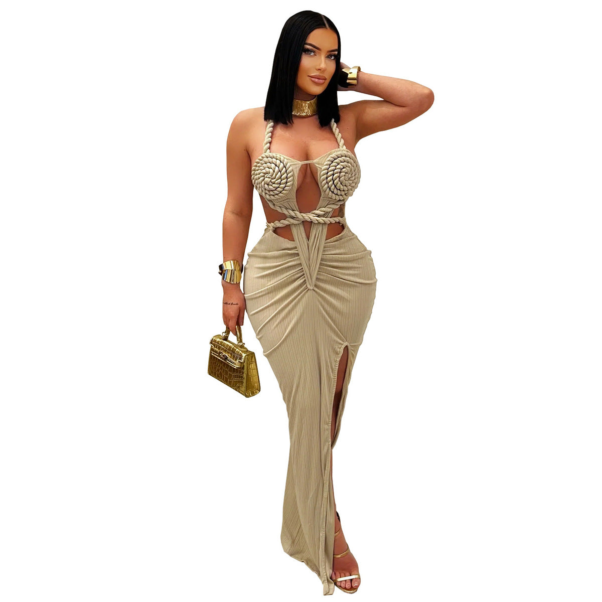 Robe dos nu sexy à col licou ajouré de couleur unie pour femme