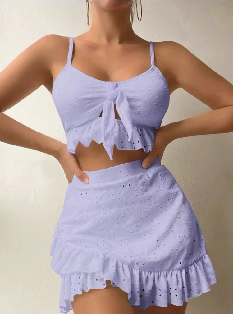 Maillot de bain trois pièces sexy en dentelle ajourée de couleur unie pour femme
