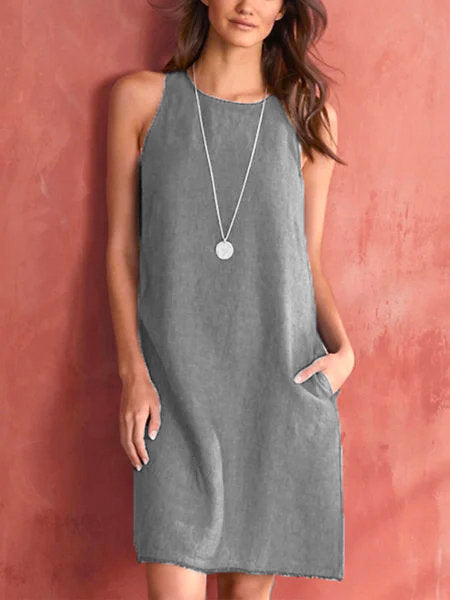 Vestido de cuello redondo de lino y algodón a la moda para mujer