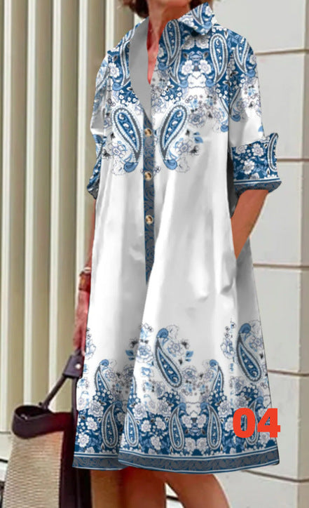 Vestido informal de manga larga con solapa y estampado para mujer