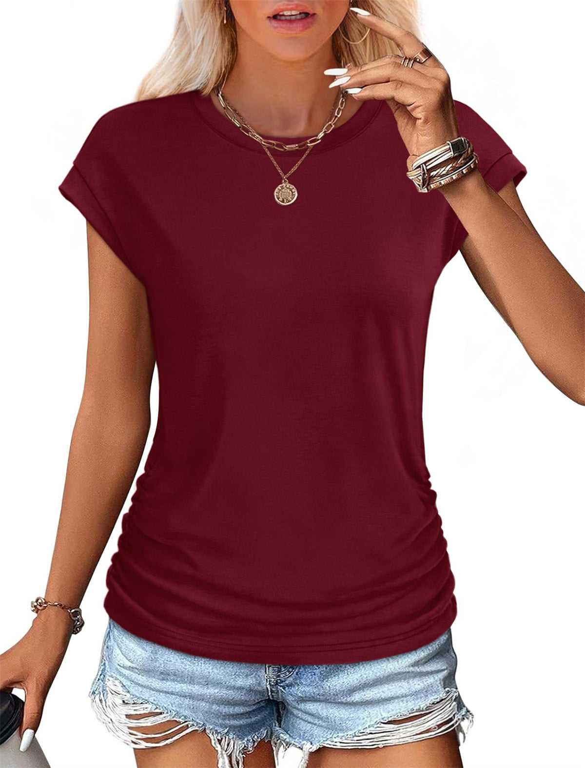 Camiseta informal de manga corta de algodón y seda de color liso para mujer