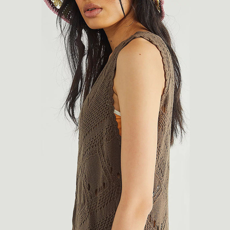 Women Fashion Casual Solid Color Knitted Sleeveless Swimsuit Cover-Ups