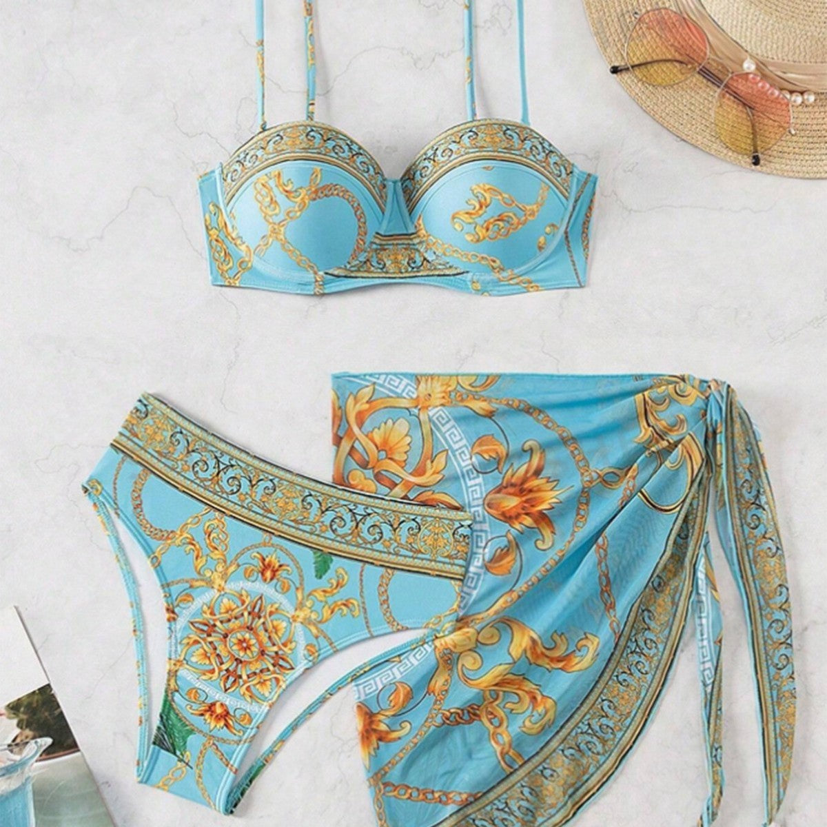 Traje de baño sexy estampado para mujer, conjunto de tres piezas