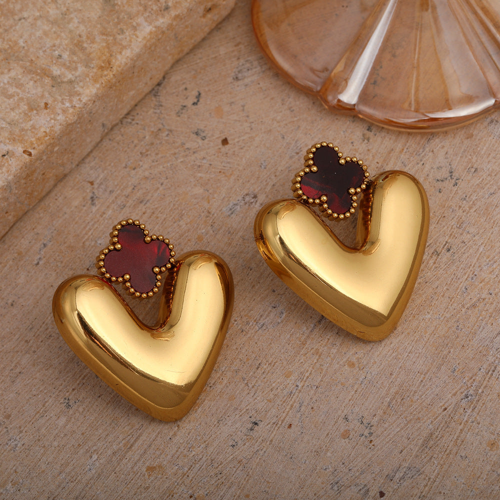 Personalized Heart-Shaped Four-Leaf Clover Earrings Stainless Steel Fashion OL