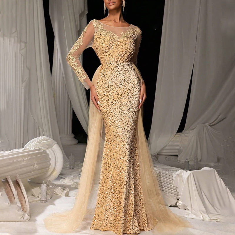 Women Fashion Elegant Solid Color Lace Sequins Long Sleeve Party Dress