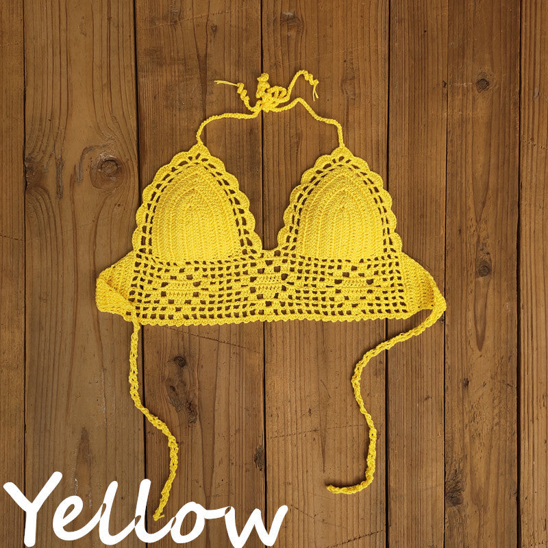 Top de bikini de crochet con cuello halter, sexy, de color liso para mujer
