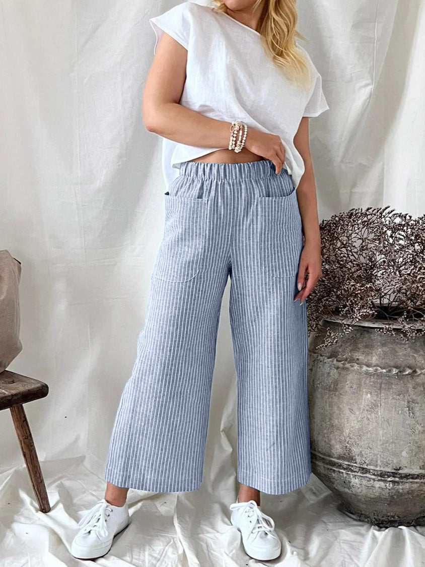 Pantalones casuales de lino y algodón a rayas de pierna ancha para mujer