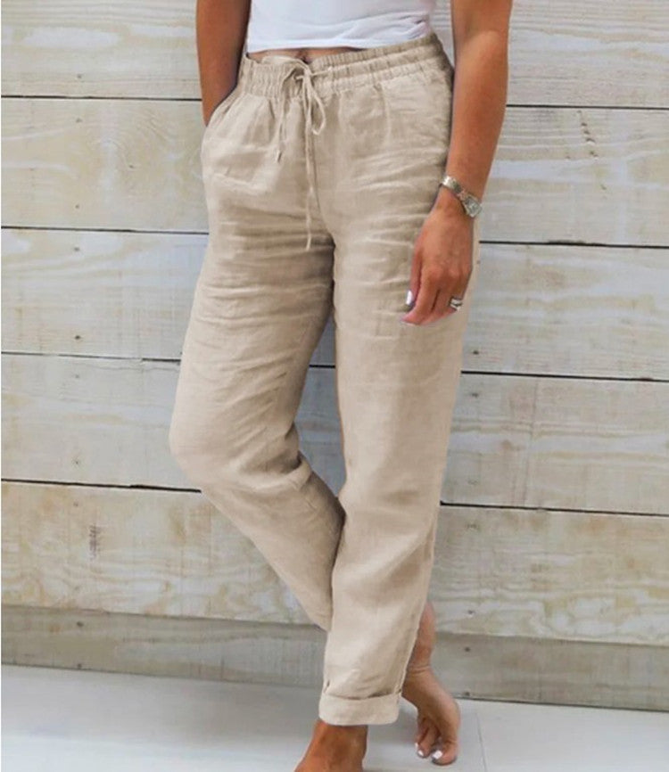 Women Casual Solid Color Cotton And Linen High-Waist Lace-Up Pants