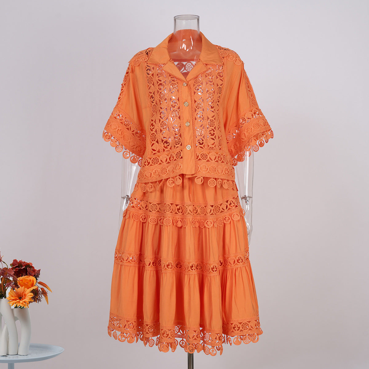 Vintage Palace Style Lapel Embroidered Lace Shirt Skirt Set