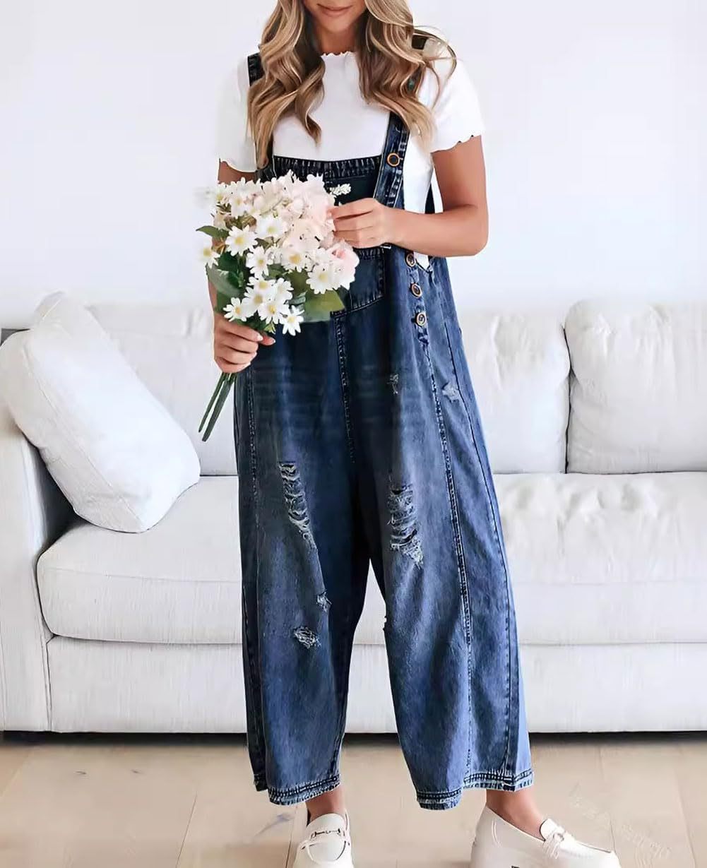 Women Retro Casual Ripped Wide Leg Denim Jumpsuits
