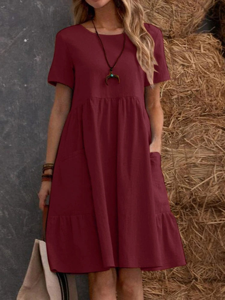 Vestido informal holgado de lino y algodón con cuello redondo para mujer