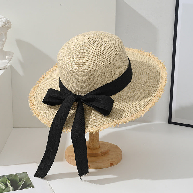 Sombrero de paja para el sol con parte superior plana y lazo para vacaciones en la playa