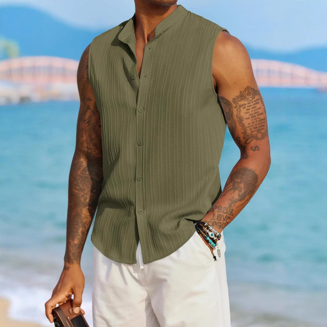 Men's Casual Sleeveless Button-Up Shirt in Solid Colors