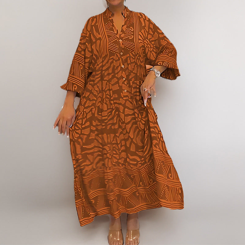 Vestido informal de talla grande con cuello en V y manga larga para mujer