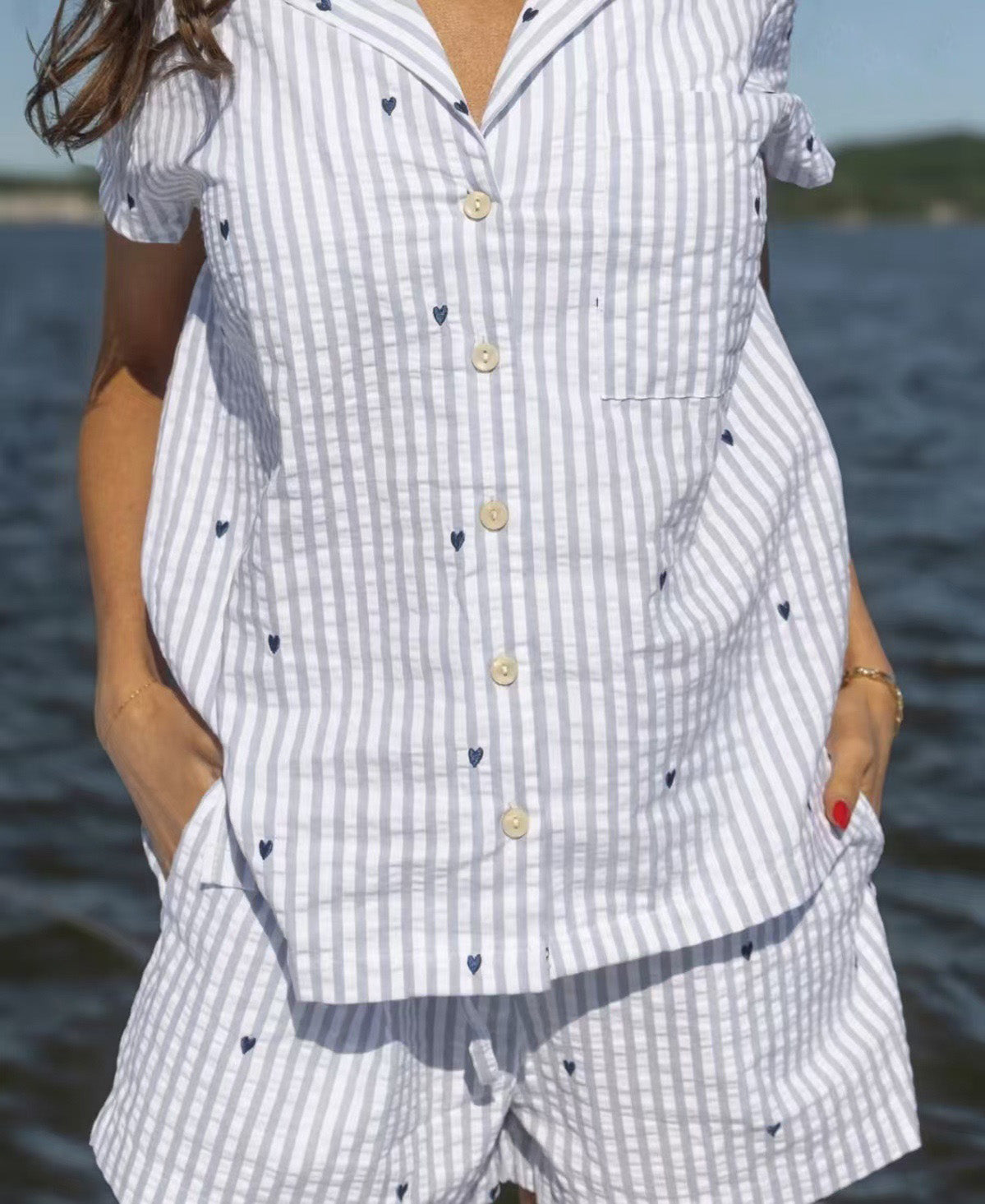 Women Casual Love Printed Lapel Short Sleeve Pajama Set