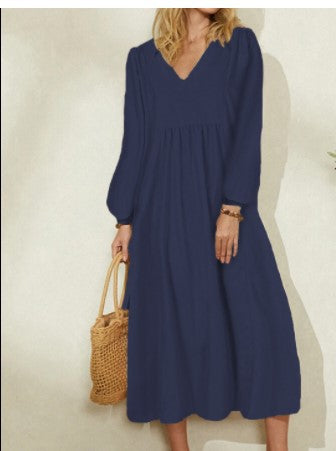 Robe longue décontractée en coton et lin à col en V pour femme