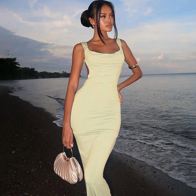 Women Sleeveless Backless Slim-Fit Dress Solid Color Party Evening