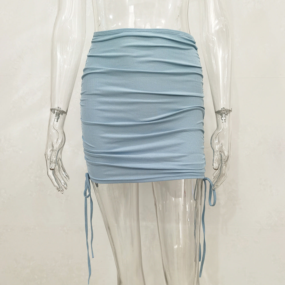 Women Fashion Solid Color Drawstring Pleated Skirt