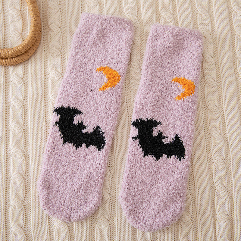 Calcetines unisex de Halloween con diseño de murciélago fantasma y forro polar coral