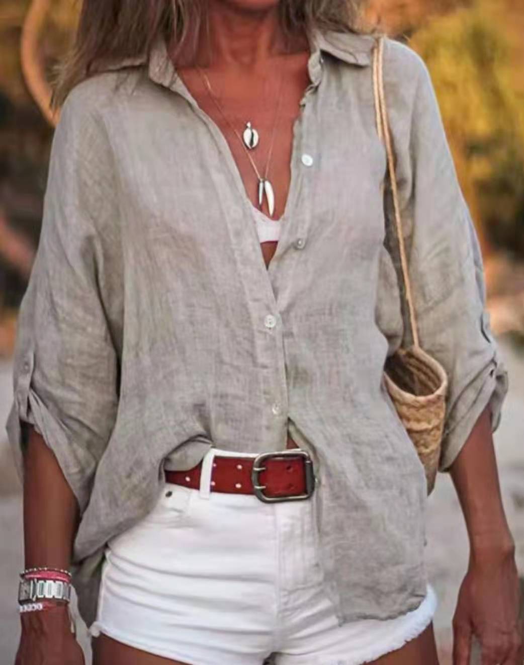 Women Casual Solid Color Long Sleeve Cotton Linen Shirt