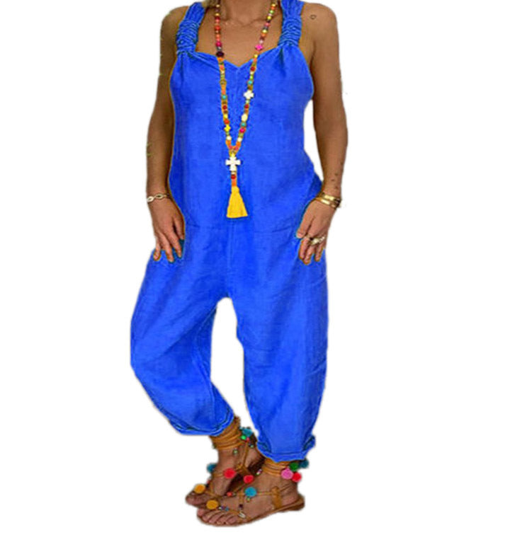 Women Casual Solid Color Linen Sleeveless Jumpsuits