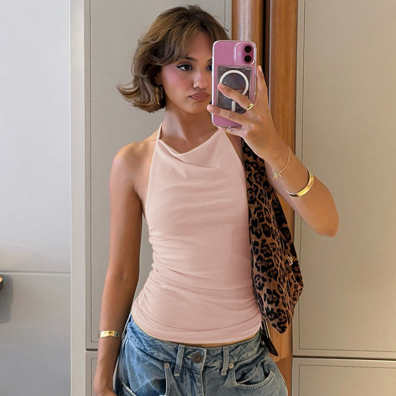 Women Solid Color Polyester Halter-Neck Tank Top