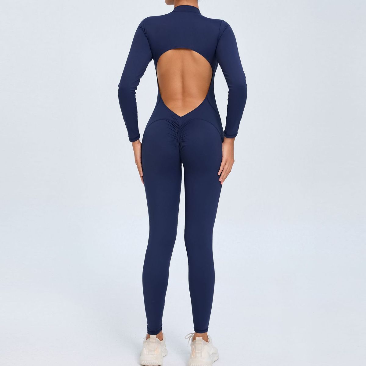 Women Fashion Solid Color Zipper Long-Sleeve Yoga Jumpsuit