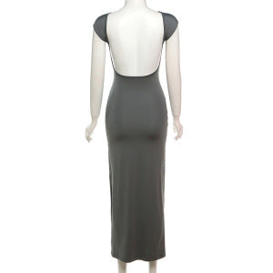 Robe moulante dos nu à manches courtes et col rond pour femme