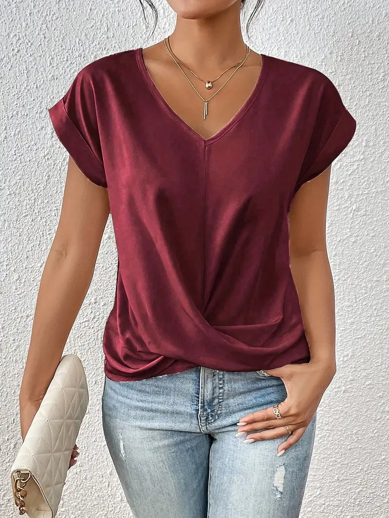 Summer Women Casual Solid Color V-Neck Short Sleeve Blank T-Shirt