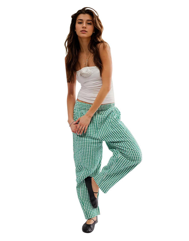 Women Casual Plaid Wide Leg Pocket Pants