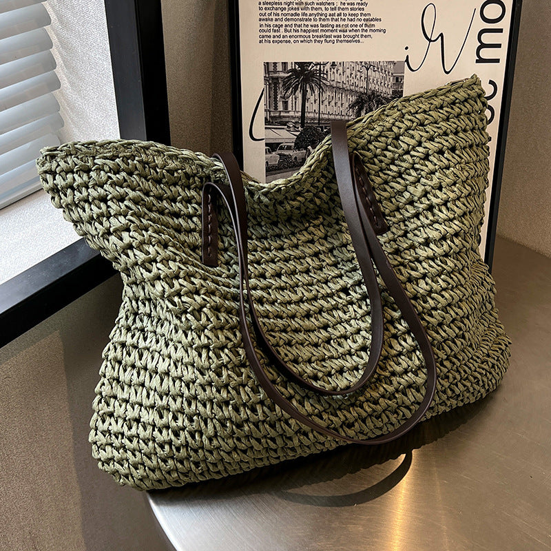 Bolso tote tejido de paja de color sólido, informal, de moda para mujer, con gran capacidad